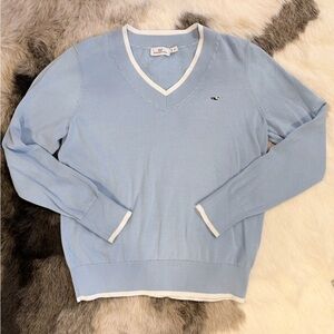 Vineyard Vines Light Blue V-Neck Sweater blue & white 100% Cotton Medium preppy